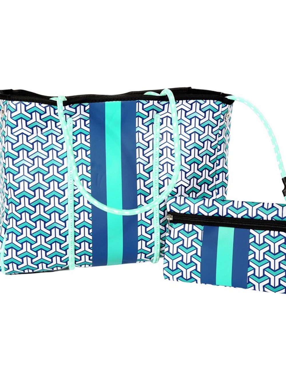 NAVY AND GREEN STRIPED NEOPRENE TOTE - Picture 2 of 7
